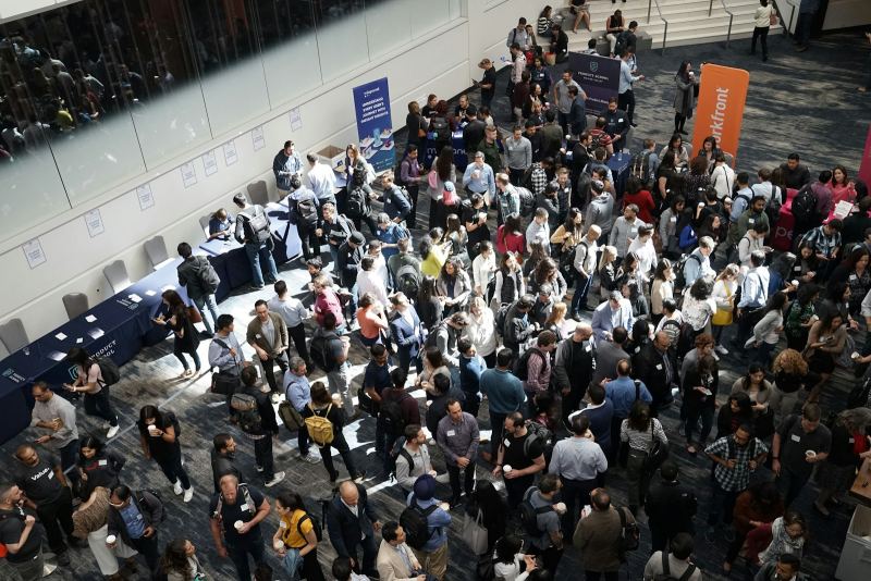 Visitors at a large exhibition hall