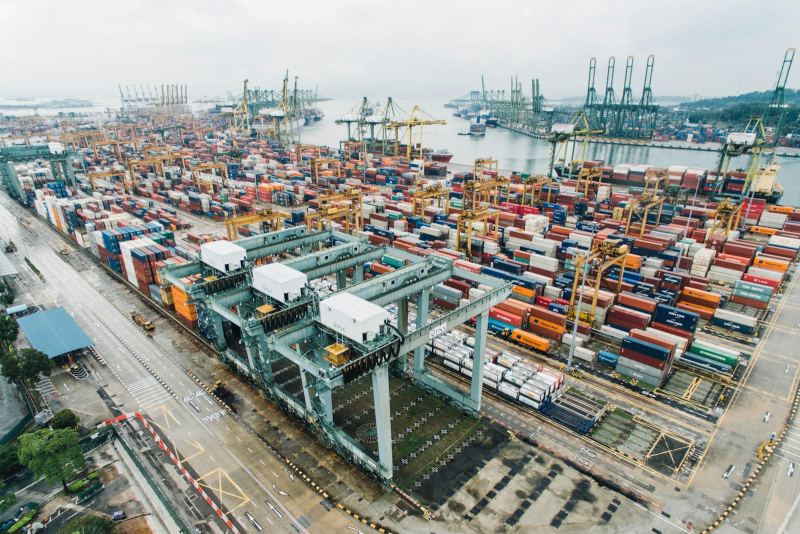 Aerial view of large port infrastructure