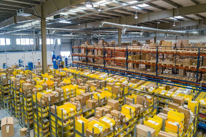 Warehouse racking with stored materials